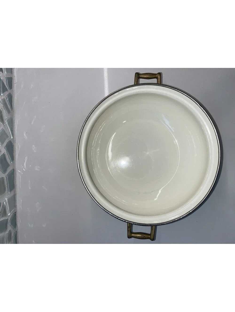 Vintage Cornucopia Enamelware Dutch Oven Pot With Brass Knob Handles cottagecoe